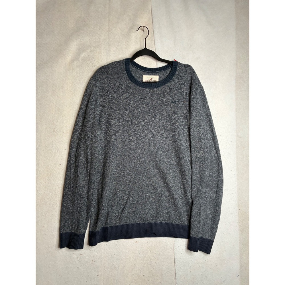 Hollister Mens XL Gray Marl Crewneck Sweater Navy Trim Cotton Blend Long Sleeve